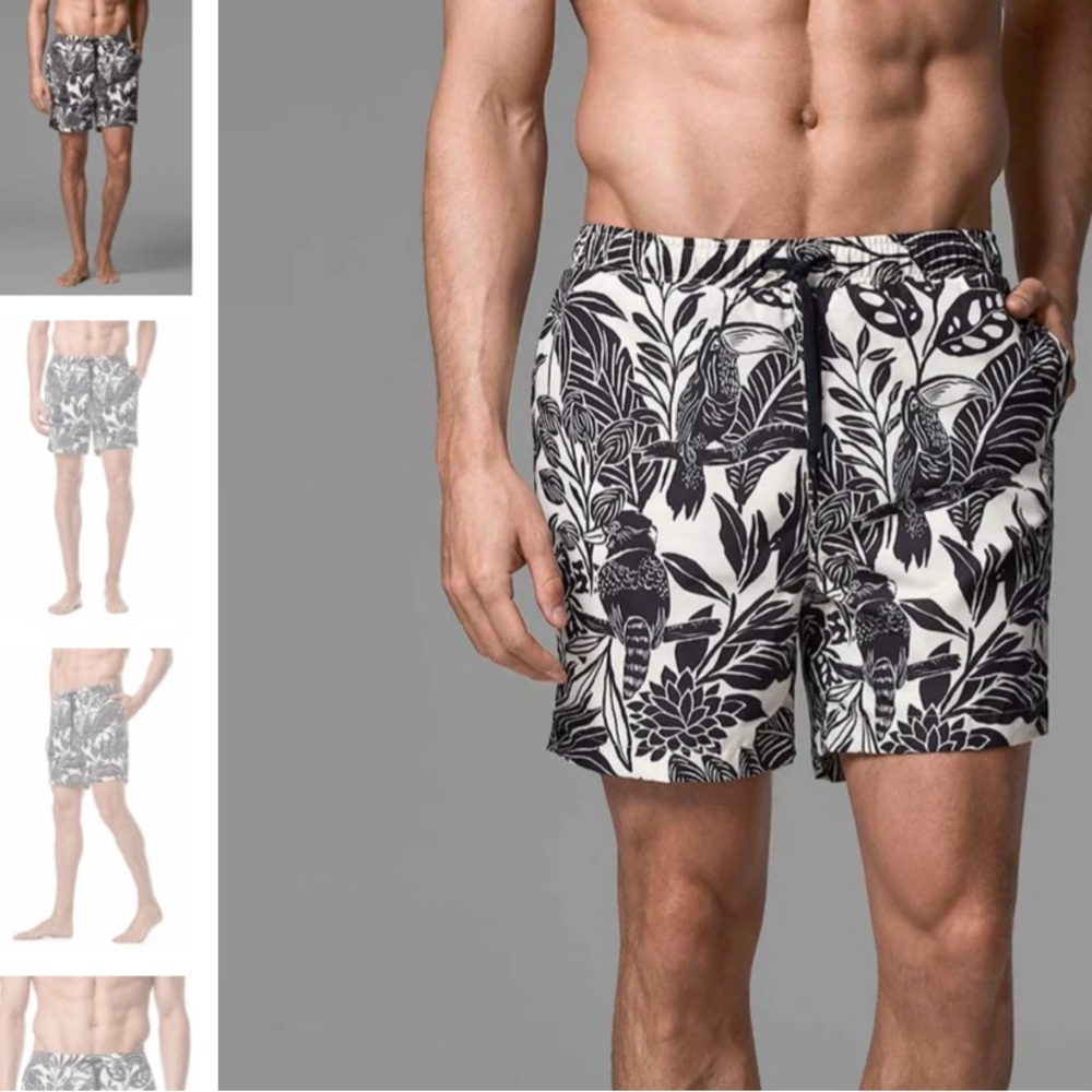 NWT Coolibar / Mott50 Black and White Swim Trunks with Tropical Print - Picture 2 of 5